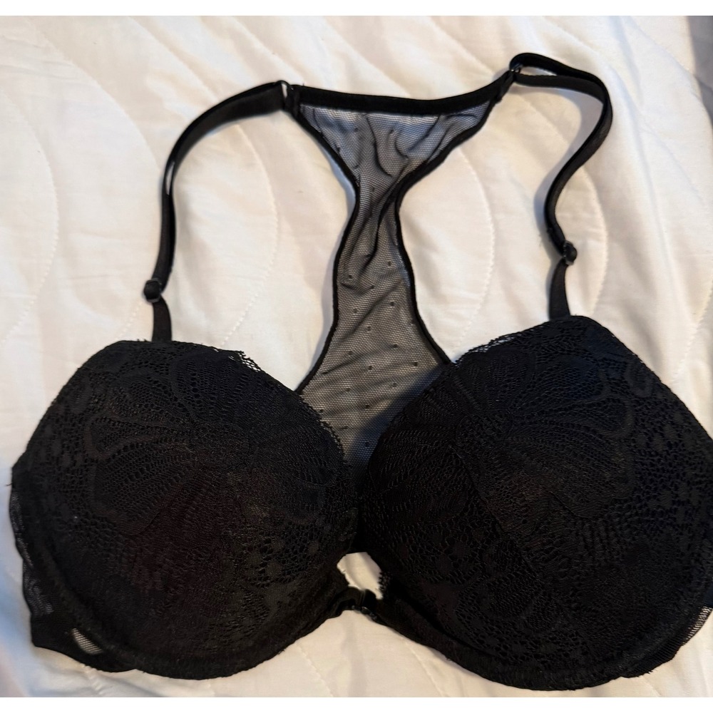 Victoria's Secret Black Lace Front Close Racerback Push Up‎ Bra 34C
